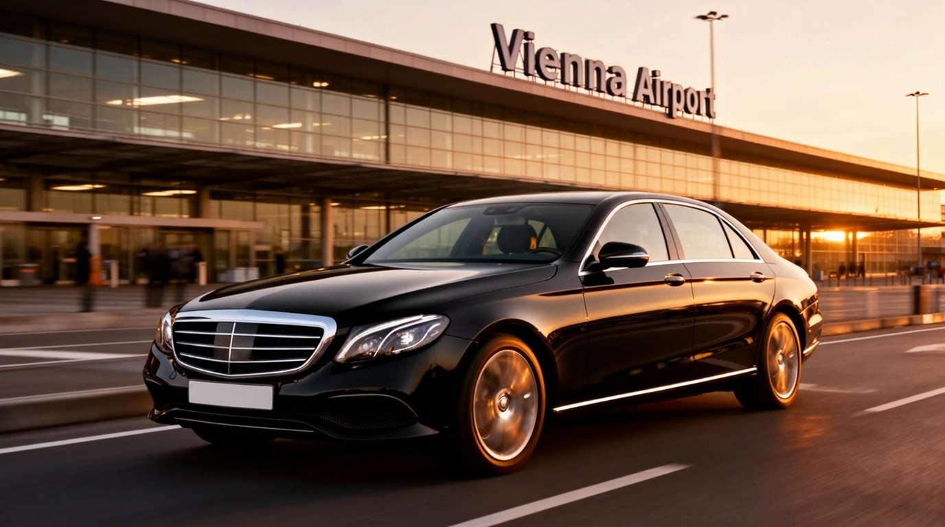 Flughafentaxi Wien Mercedes vor Terminal